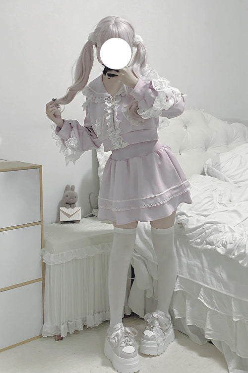 Pink [Heartbeat Rhythm] Long Sleeves Ruffle Lace Hooded Jirai Kei Japanese Skirt Set