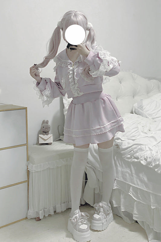 Pink [Heartbeat Rhythm] Long Sleeves Ruffle Lace Hooded Jirai Kei Japanese Skirt Set