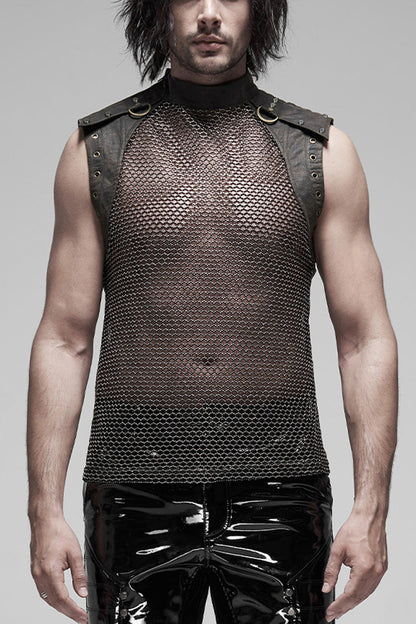 High Collar Sleeveless Rivet Decoration Sheer Mesh Men's Steampunk Vest 2 Colors