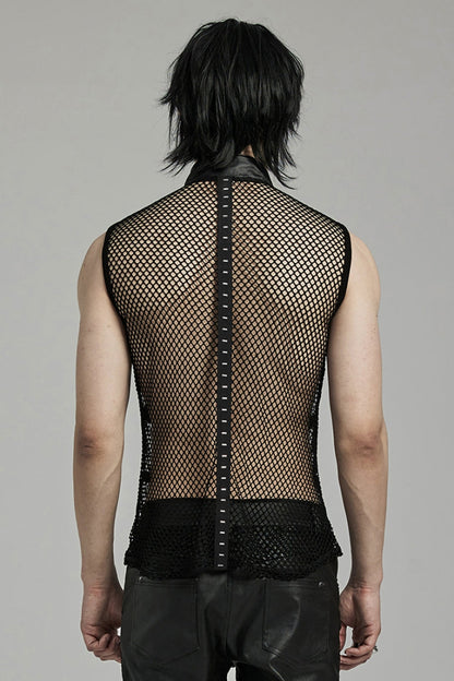 Black Stand Collar Sleeveless Straps Mesh Buckle Men's Punk Vest