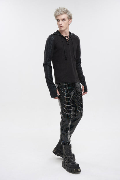 Black Trendy Dark Tether V-Neck Panel Knit Hooded Men's Punk T-Shirt