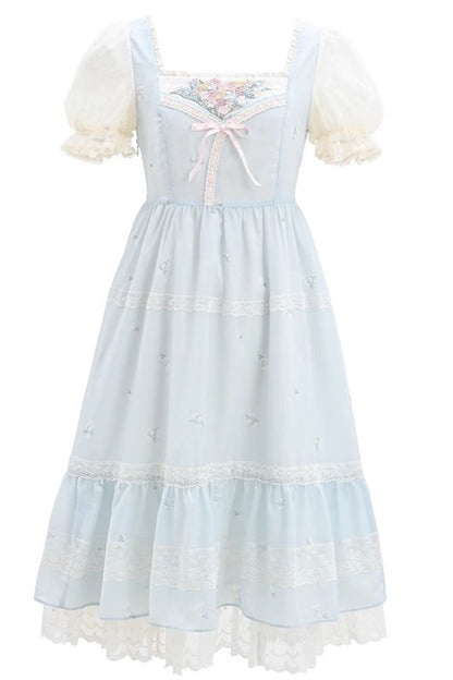Blue Short Sleeves Embroidery Bowknot Lace Sweet Princess Lolita Dress