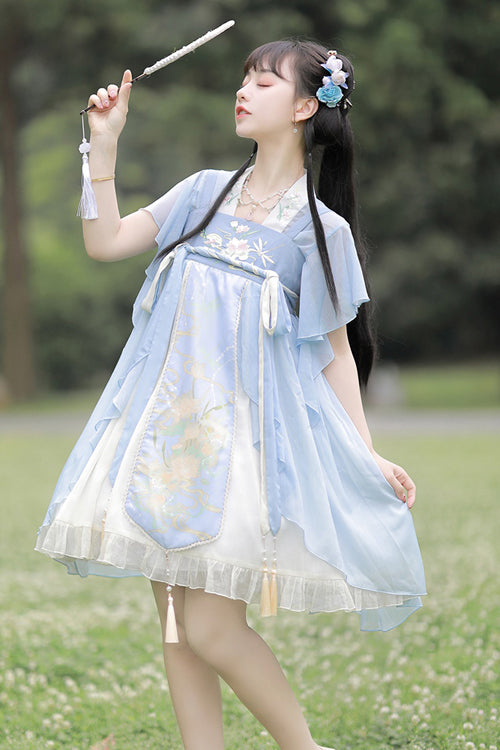Blue Neckline Embroidered Lotus Print Sweet Lolita Dress Full Set