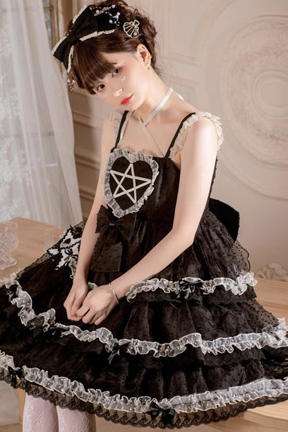 Black [Du Meisha's Star Wish] Sleeveless Triple-Layered Jacquard Ruffle Bowknot Sweet Gothic Lolita Jsk Dress