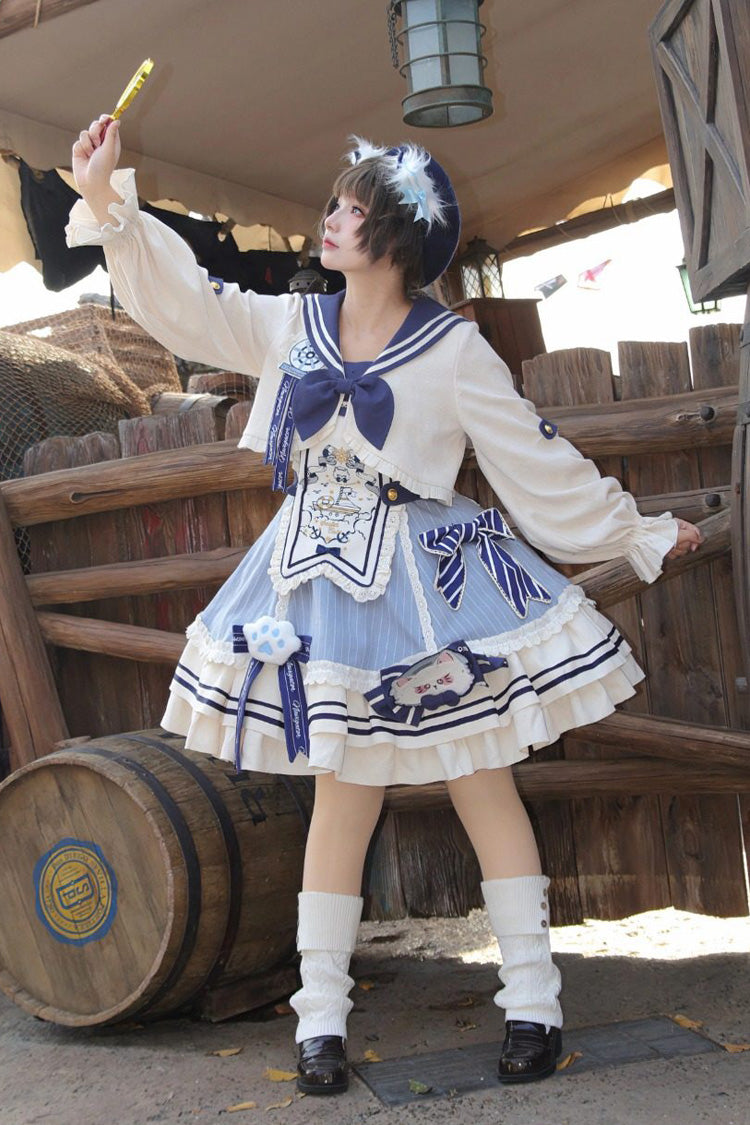 Blue/Ivory [Ride the Wind and Waves] Double-Layered Printed Ruffled Bow Lace Sweet Lolita Jsk Dress Set (Coat Included)