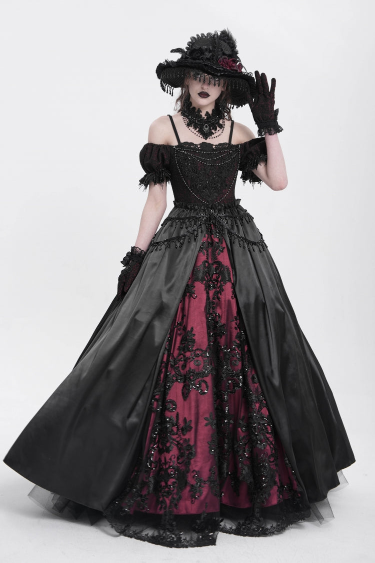 Black/Red Off Shoulder Embroidery Stitching Lace Women's Gothic Dress