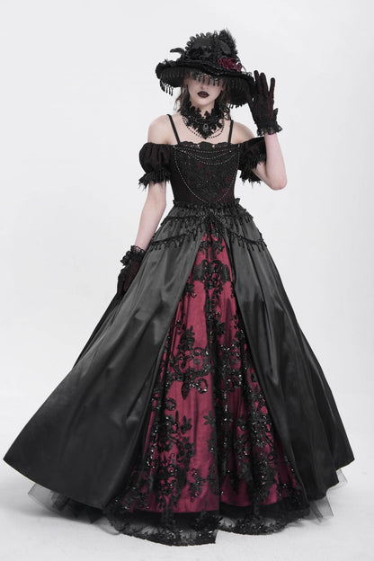 Black/Red Off Shoulder Embroidery Stitching Lace Women's Gothic Dress