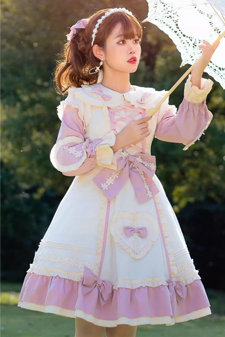 Pink/White [Little Florist] Long Sleeves Ruffle Bowknot Lace-Up Sweet Plus Size Princess Lolita Dress