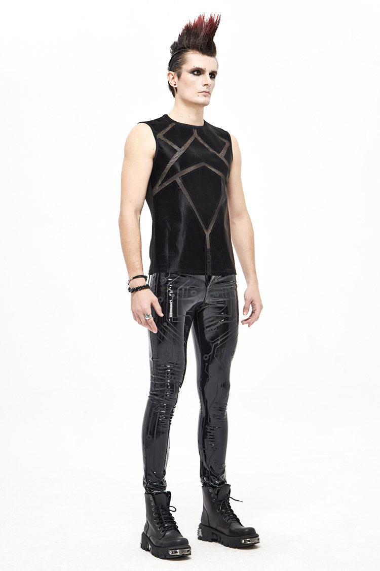 Black Shiny Knits Splice Armor Modeling Mesh Men's Punk Vest