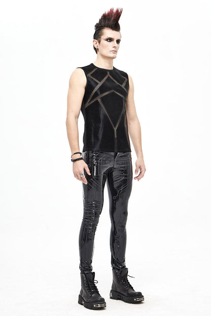 Black Shiny Knits Splice Armor Modeling Mesh Men's Punk Vest