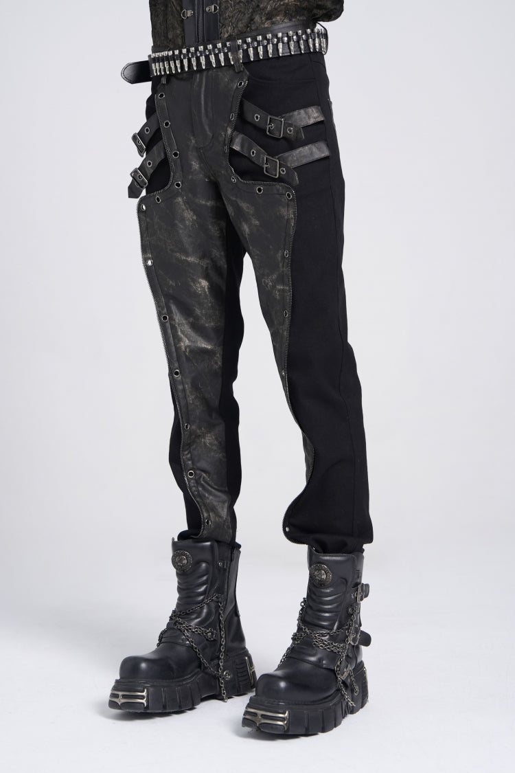 Black/Grey Faux Leather Stitching Buckle Men's Punk Pants