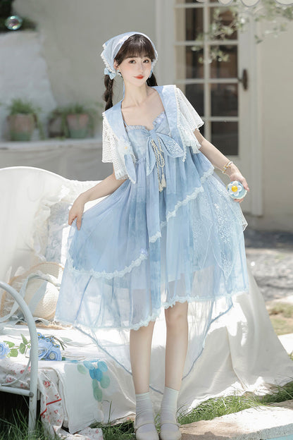 Blue [Clouds Resting in the Wilderness] Print Ruffle Embroidery Bowknot Lace Irregular Lolita Jsk Dress