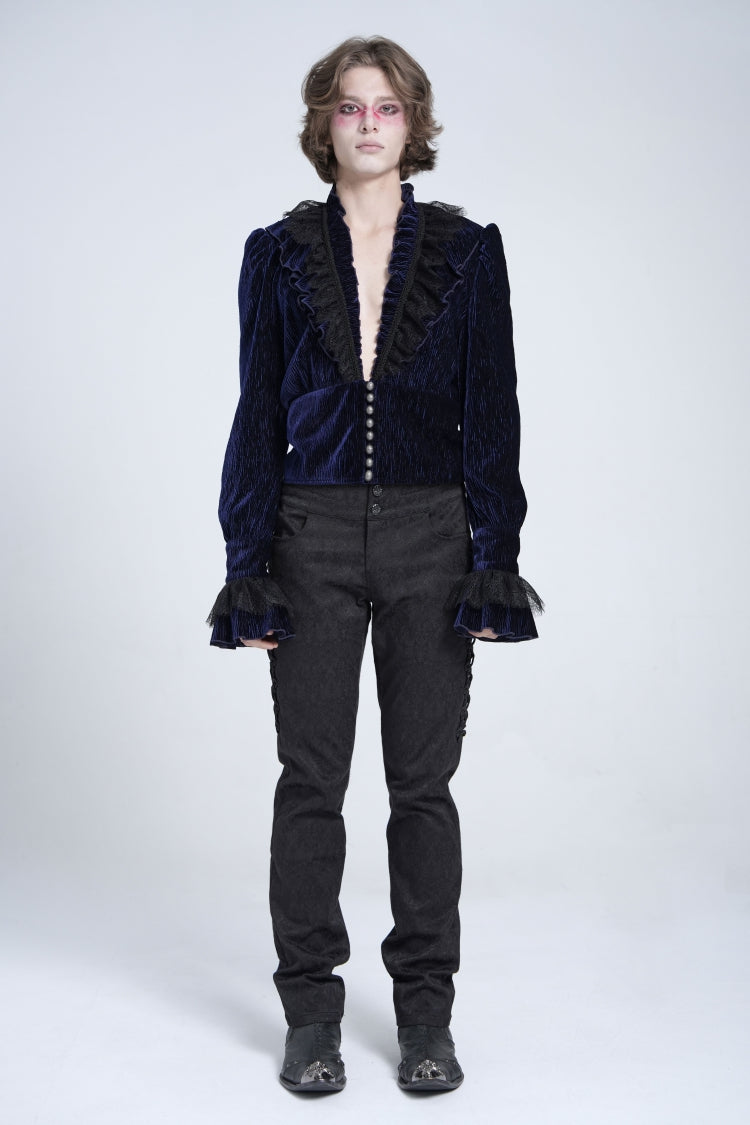 Blue V Collar Long Sleeves Ruffle Stitching Lace Men's Gothic Blouse