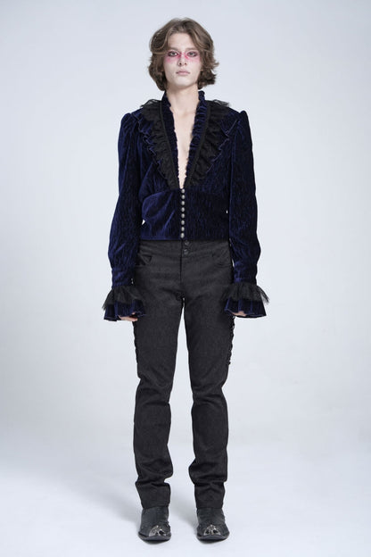 Blue V Collar Long Sleeves Ruffle Stitching Lace Men's Gothic Blouse