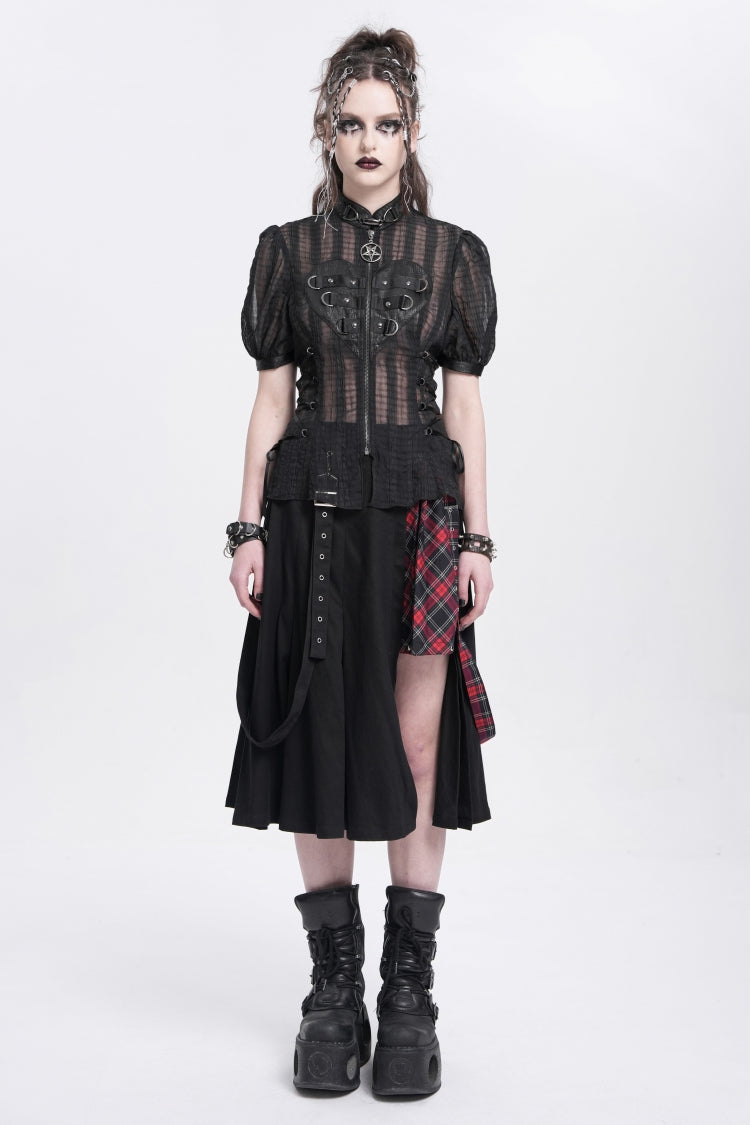 Black Stand Collar Short Puff Sleeves Sheer Mesh Women's Gothic Blouse