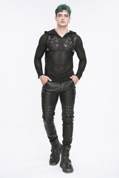 Black Striped Sheer Long Sleeve Men's Punk Sweatshirt Hooded