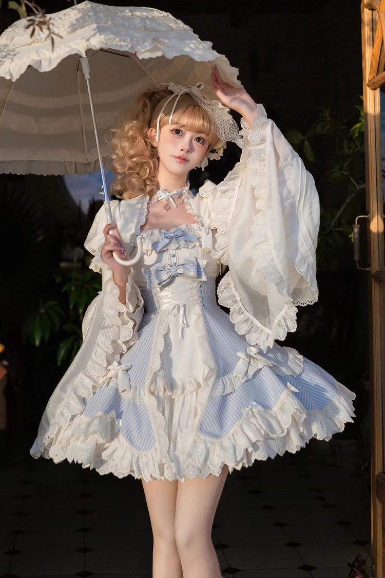Blue [Letter Paper] Sleeveless Double-Layered Printed Ruffled Open-Front Bow Lace-Up Sweet Lolita Jsk Dress (Short Version)
