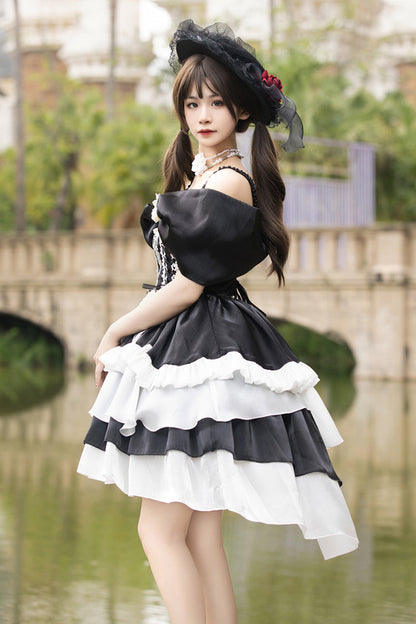 Black/White [Rose Of The Night Sea And Starry Sky] Off Shoulder Multi-Layered Ruffle Embroidery Sweet Lolita Dress