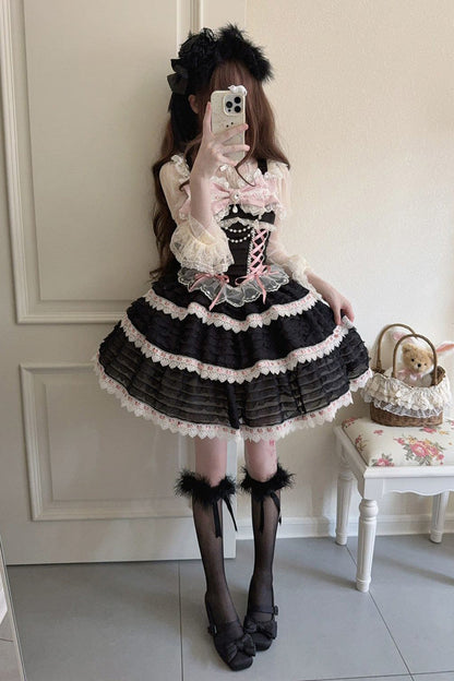 Black [Song of Floral Letters] Sleeveless Triple-Layered Bowknot Lace-Up Sweet Lolita Jsk Dress