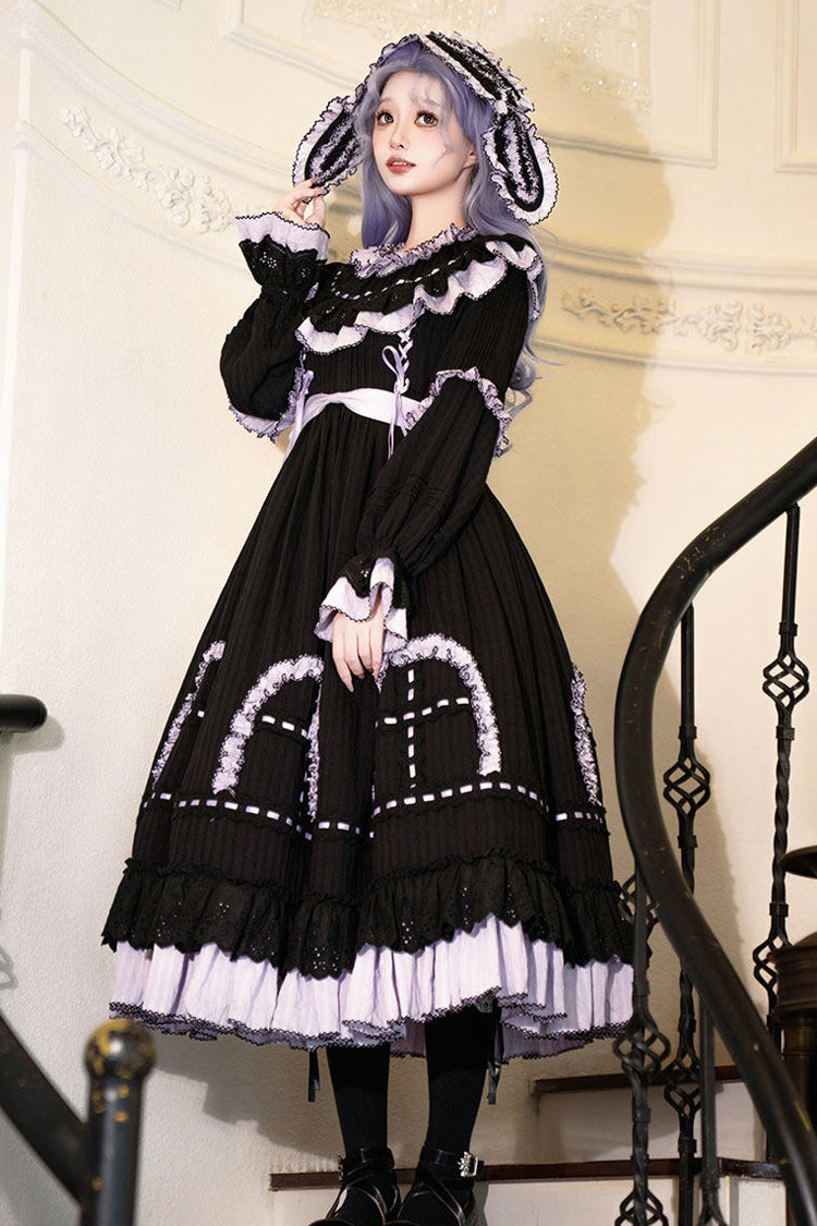 Black [Twin Lilian] Round Collar Long Sleeves Double-Layered Ruffled Bow Lace-Up Gothic Lolita Dress