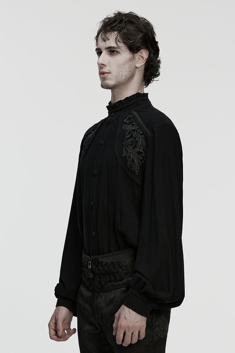 Black Stand Collar Long Lantern Sleeves Floral Jacquard Men's Gothic Blouse