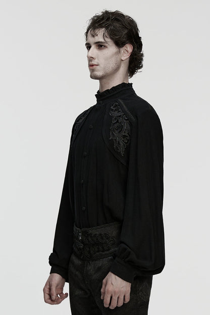 Black Stand Collar Long Lantern Sleeves Floral Jacquard Men's Gothic Blouse
