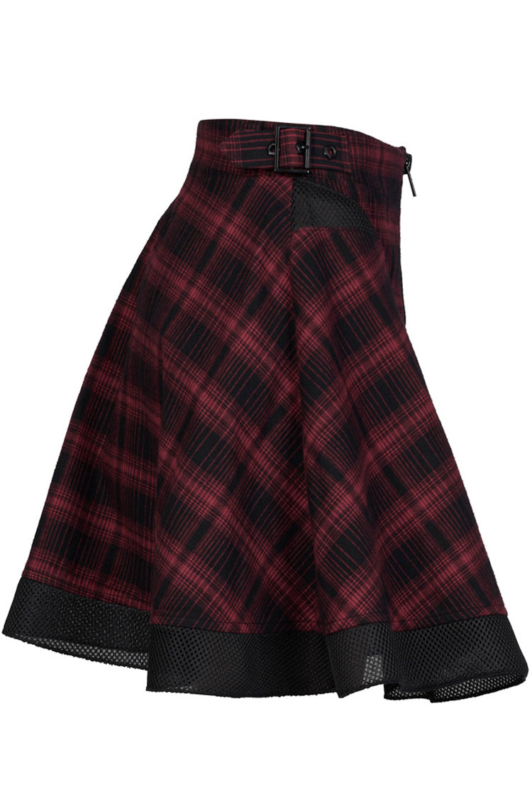 Red Chiffon Plaid Large-Hole Mesh Stitching V-Word Segmentation Design Sun-Hem Women's Punk Skirt