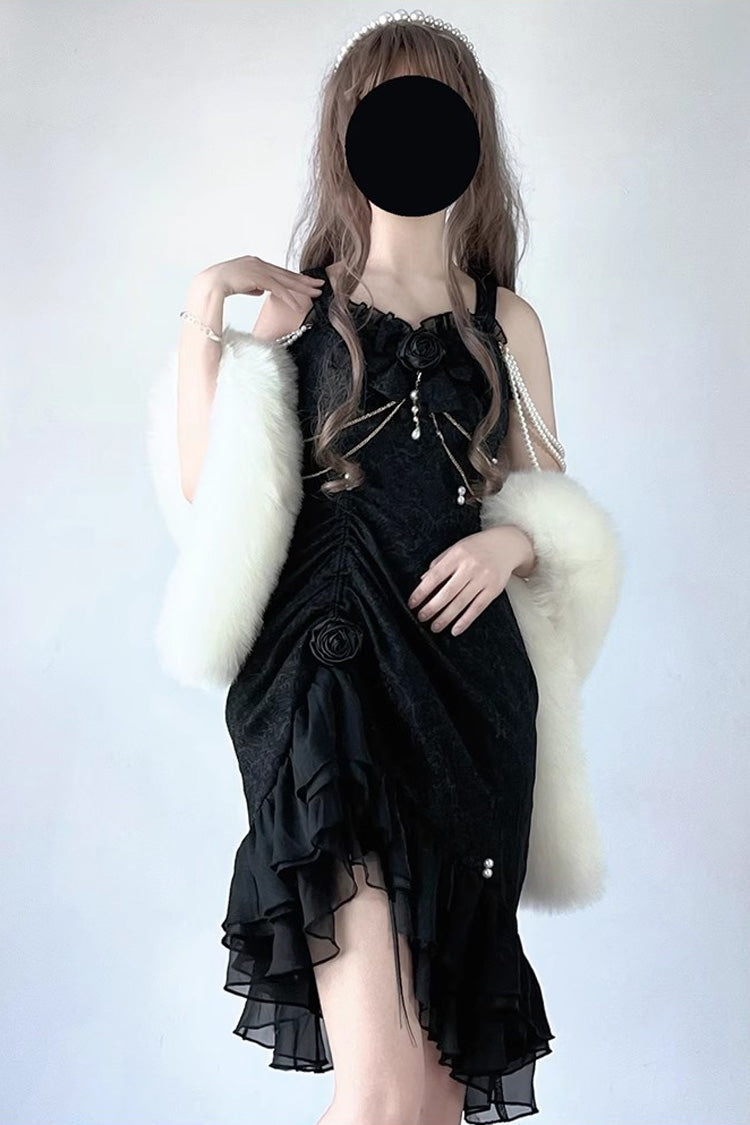 Black [Camellia 2.0] Sleeveless Jacquard Ruffle Lace Asymmetric Gothic Chinese Style Fishtail Lolita Jsk Dress