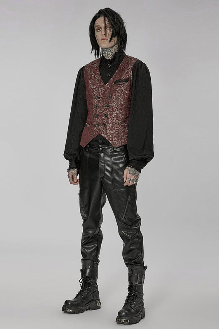 Red Punk Gorgeous V Neck Asymmetrical Relief Sculpture Jacquard Double Row Hand Seam Button Men's Vest