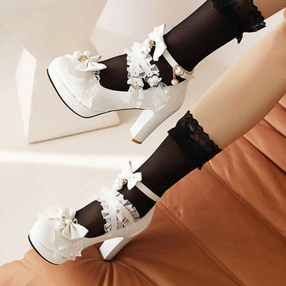 Sweet Ruffled Bow Lace Pearl-Decorated Lolita High Heels 6 Colors