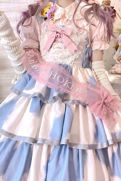Blue Sleeveless Triple-Layered Cow Print Ruffle Bowknot Sweet Lolita Jsk Dress