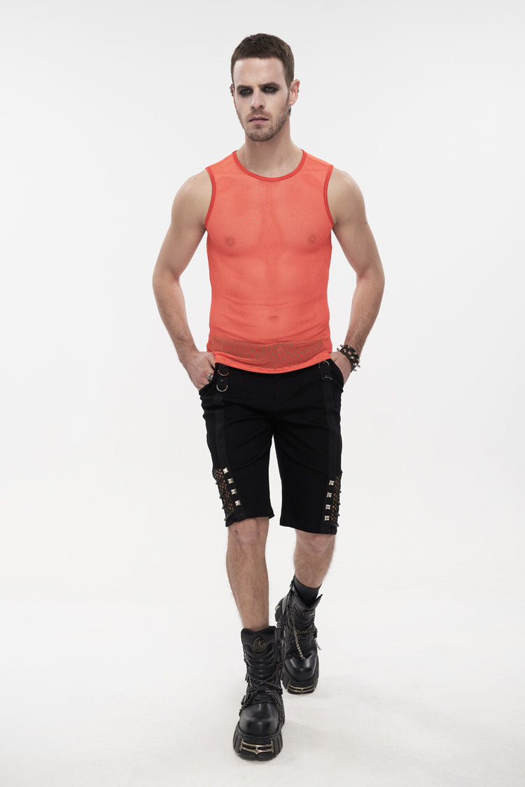 Orange Elasticity Perspective Rhombus Net Yarn Sleeveless Men's Gothic T-Shirt