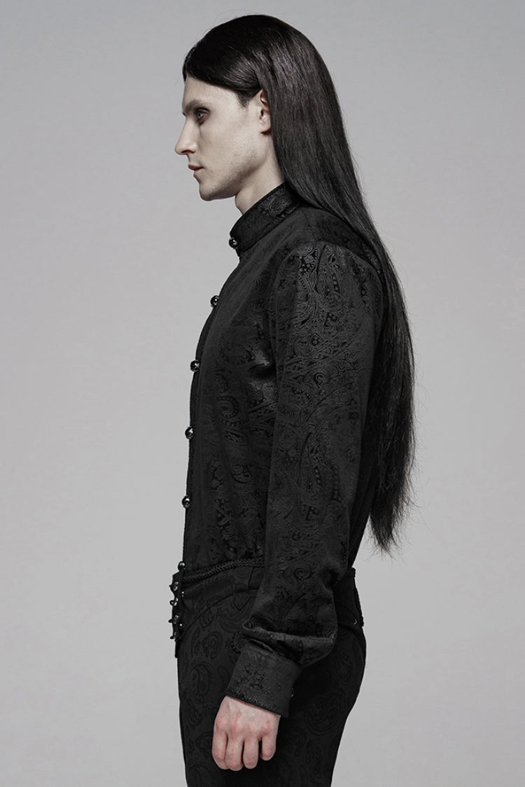 Black Stand Up Collar Long Sleeve Front Gemstone Button Print Men's Gothic Shirt