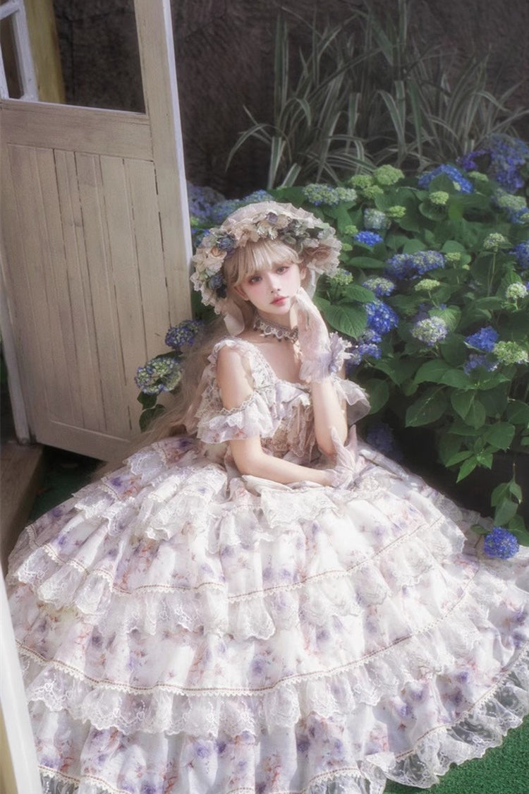 Blue [Rose Letter] Off Shoulder Triple-Layered Print Ruffle Hanayome Sweet Princess Lolita Dress