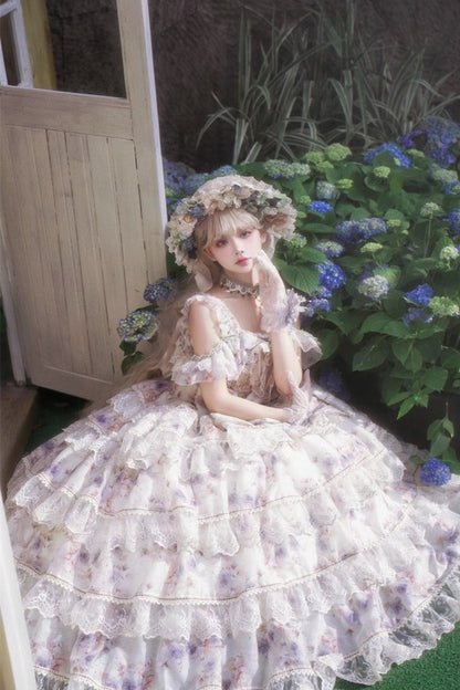 Blue [Rose Letter] Off Shoulder Triple-Layered Print Ruffle Hanayome Sweet Princess Lolita Dress