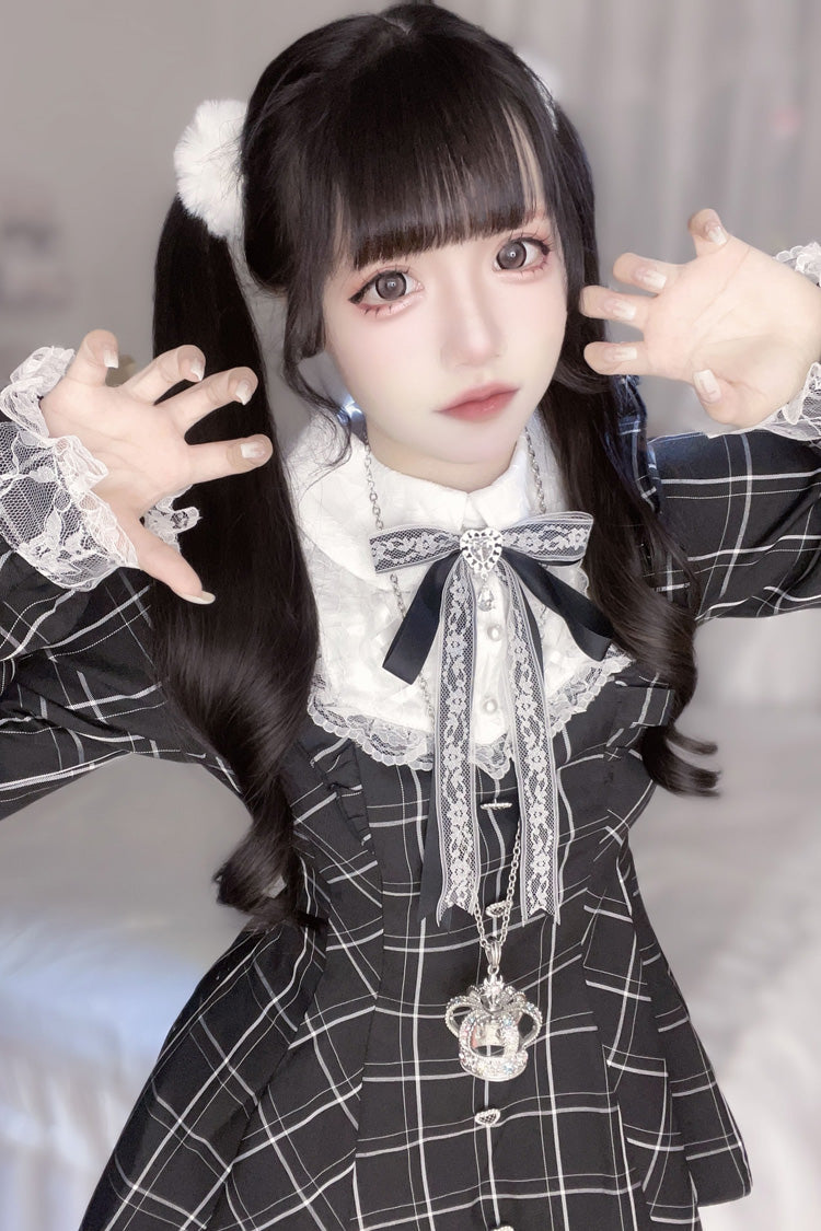 Black/White [Heart-beating Limited] Long Sleeves Plaid Print Print Bowknot Lace Gothic Jirai Kei Dress Set