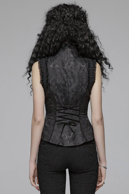 Black Stand Collar Sleeveless Floral Embroidery Lace Mesh Women's Gothic Waistcoat