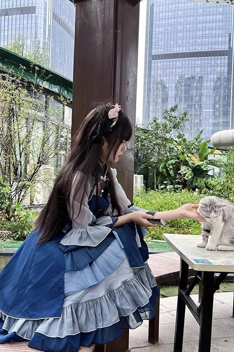 Blue Multi-layer Print Ruffle Classic Plus Size Chinese Style Princess Lolita Jsk Dress