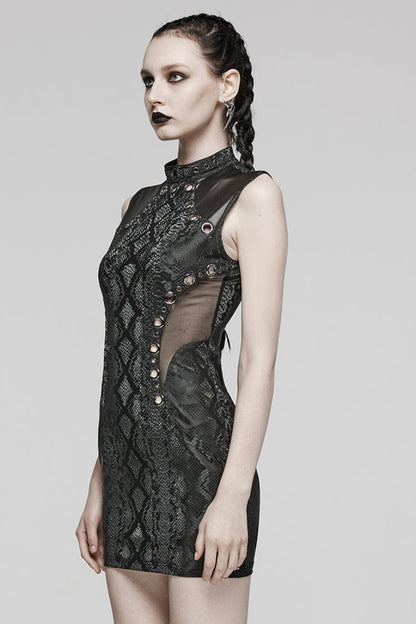 Black Sleeveless Metal Rings Hollow Mesh Women's Steampunk Dress