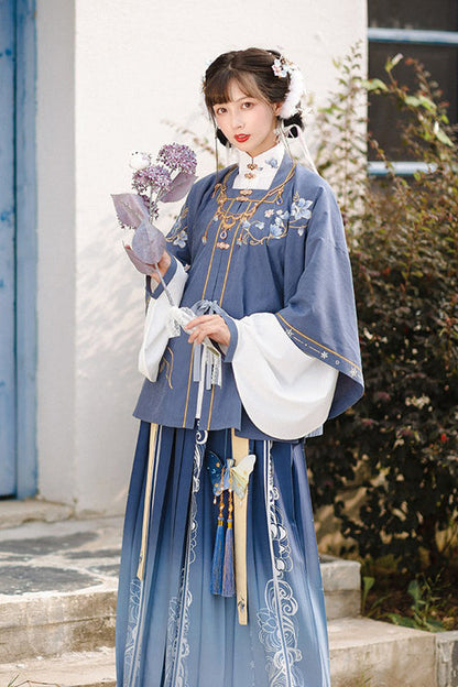 Original Improved Blue Chinese Style Ming Made Wide Sleeved Top High Waisted Skirt Embroidered Sweet Hanfu Three Piece Suit