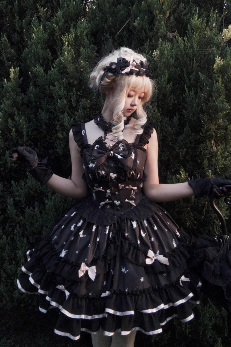 Black [Eros Kiss] Sleeveless Double-Layered Print Ruffle Bowknot Gothic Elegant Lolita Jsk Dress
