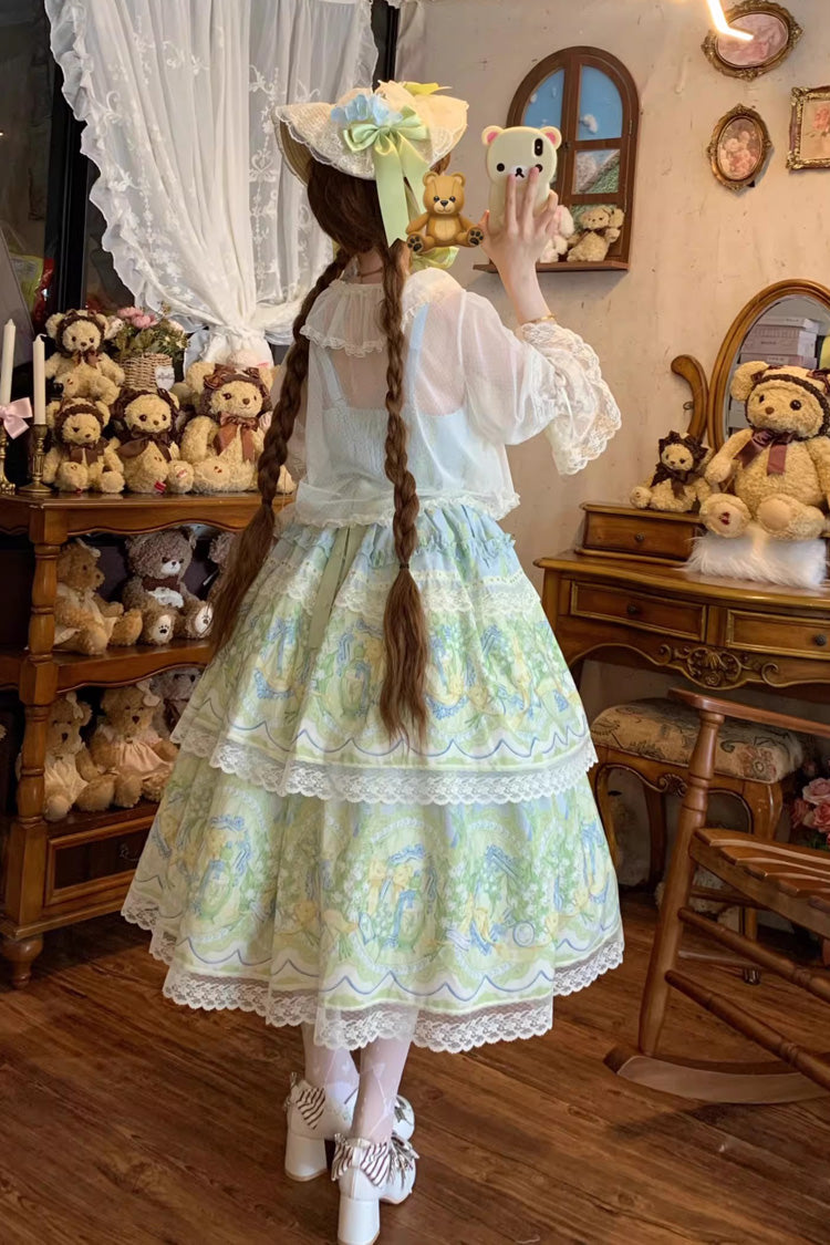 Blue/Green [Lily of the Valley Perfume] Pearl Candy Tea Doll Collar Sleeveless Printed Lace Plus Size Sweet Lolita Jsk Dress