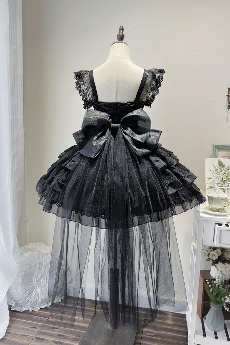 Black [From Broken Wings to Rebirth] Sleeveless Multi-Layered Ruffle Bowknot Lace-Up Gothic Ballet Lolita Jsk Dress