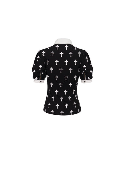 Black/White Cross Printed Chest Paneled Chiffon With Lace Collar Applique? Lace Strap Pendant Women's Punk Shirt