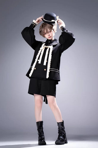 Black [City of Mist] Navy Collar Long Sleeves Gothic College Style Prince Ouji Lolita Shorts Coat Set