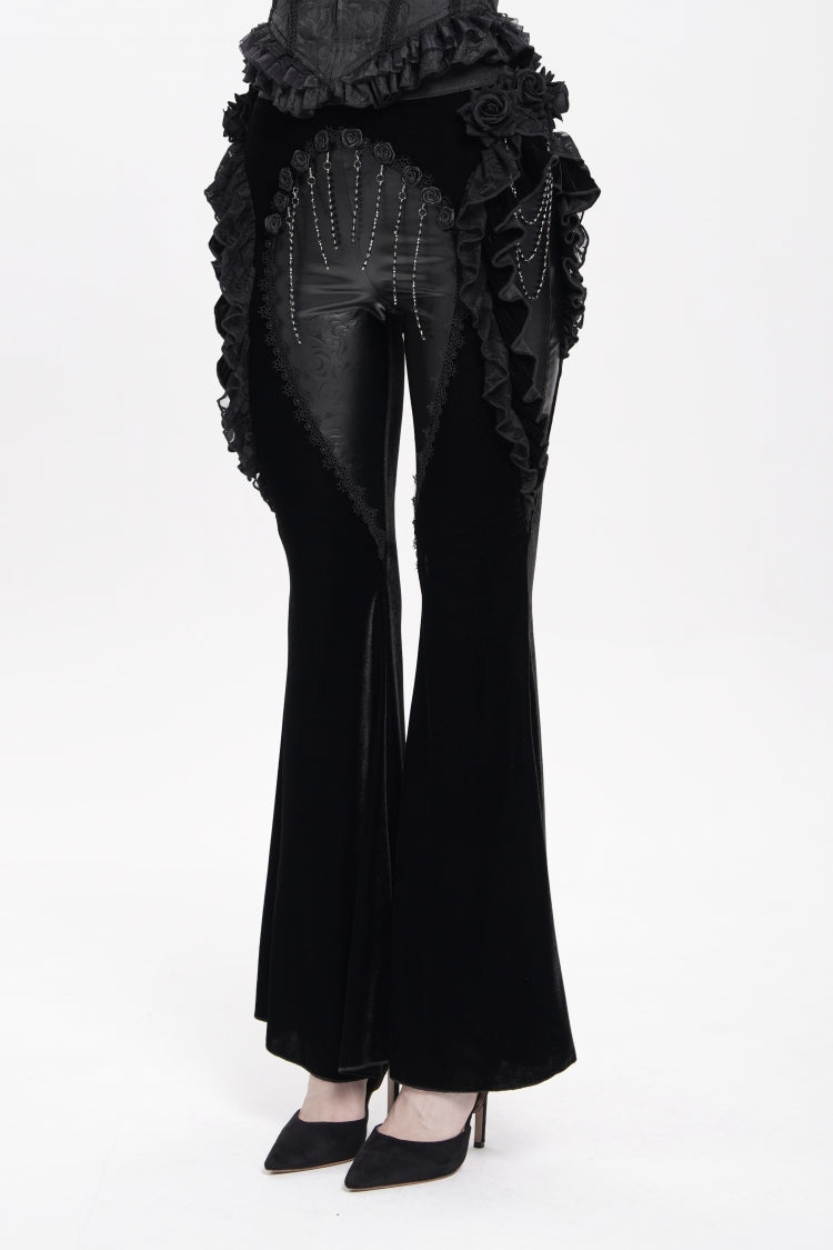 Black Ruffled Spliced Women's Gothic Floral Faux Leather&Velvet Ruffle Pants