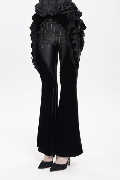 Black Ruffled Spliced Women's Gothic Floral Faux Leather&Velvet Ruffle Pants