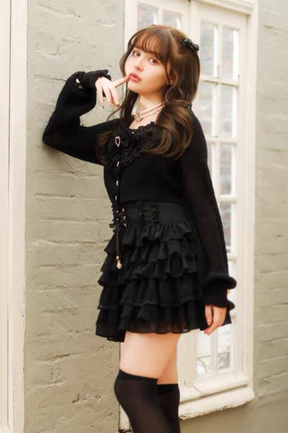 Jirai Kei Long Sleeves Multi-Layered Printed Ruffled Bow Sweet Dress 3 Colors