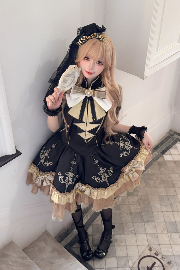 Black [Gilded Oath] Short Sleeves Double-Layered Ruffle Embroidery Bowknot Gothic Lolita Dress
