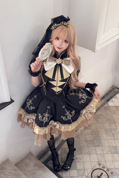 Black [Gilded Oath] Short Sleeves Double-Layered Ruffle Embroidery Bowknot Gothic Lolita Dress